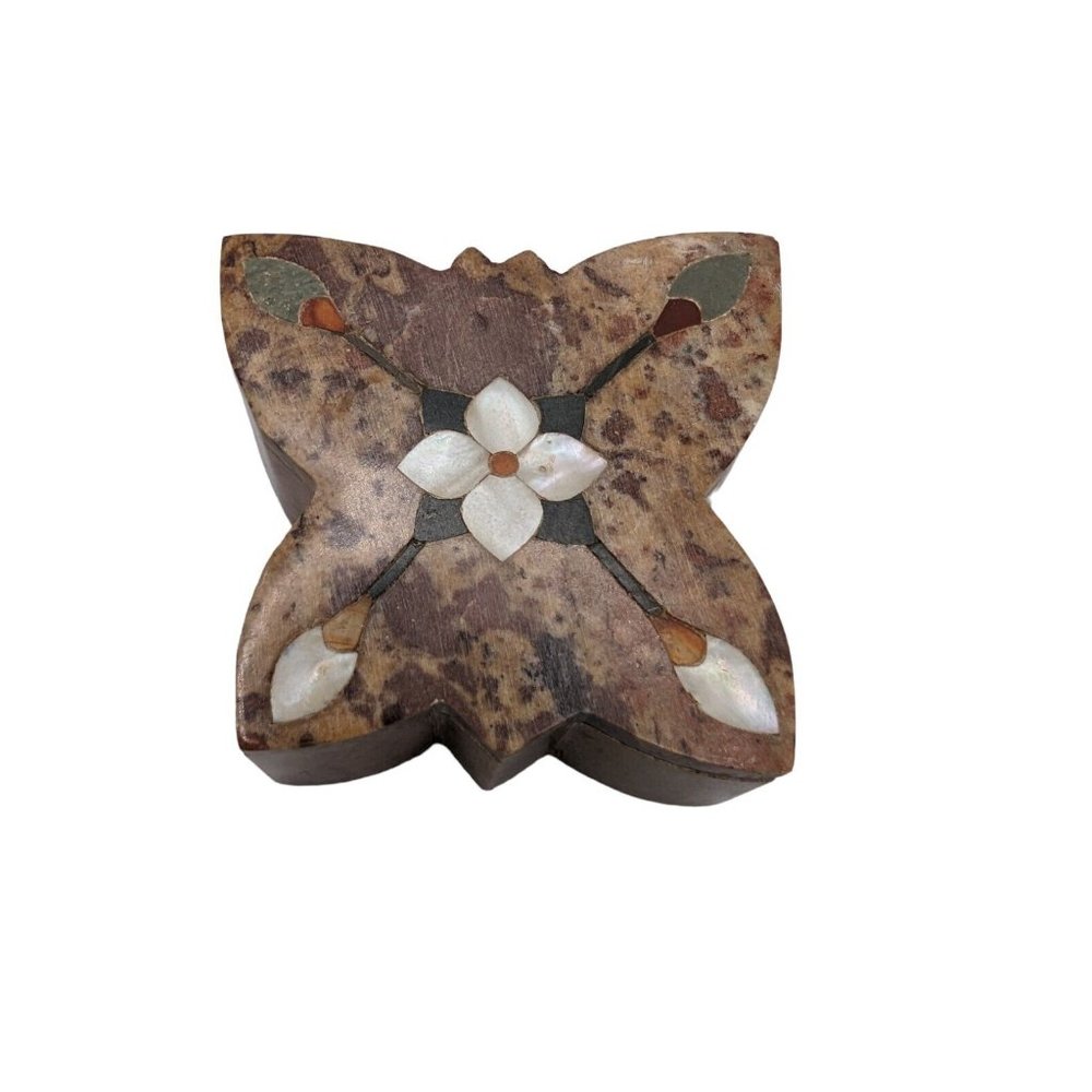 VTG Soapstone with Abalone inlay Butterfly Shaped Lidded Trinket Box